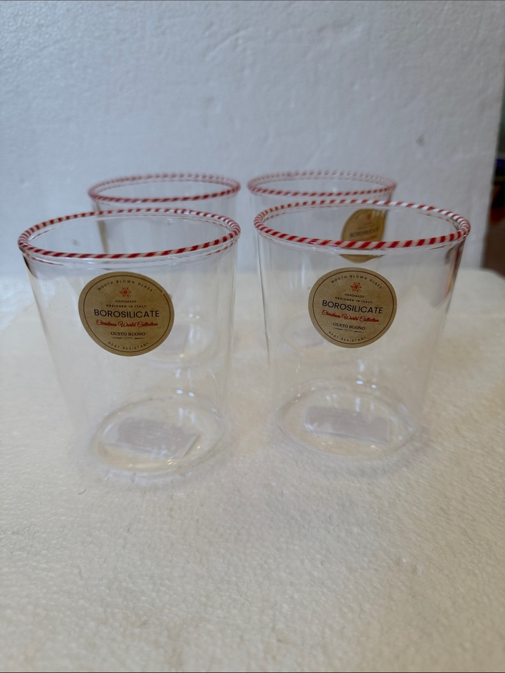 New Borosilicate Glass Handmade Tumblers with Red Candy-Rim (Set of 4)